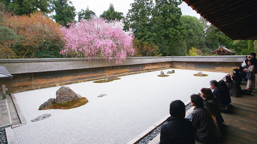 The minimalist and contemplative Zen rock garden at Ryoan-ji Temple