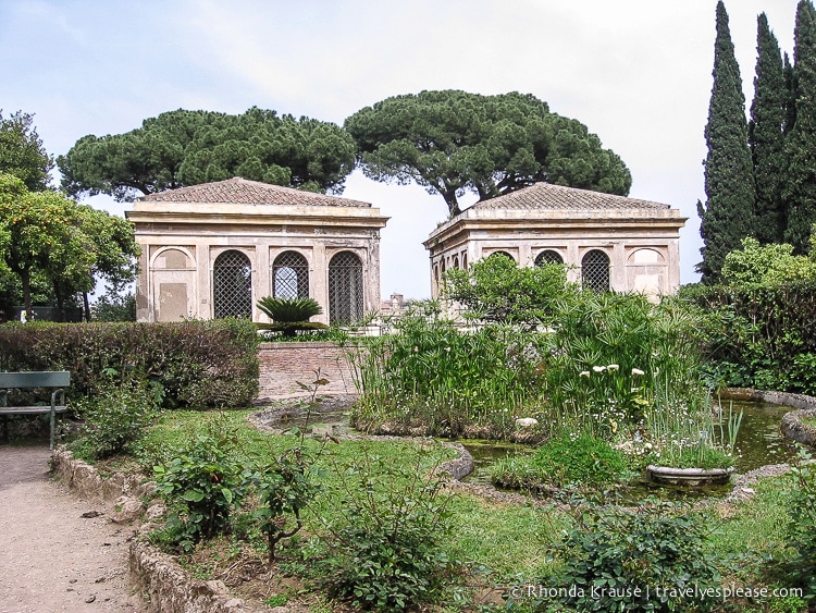 Gardens and ancient ruins on Palatine Hill overlooking Rome.