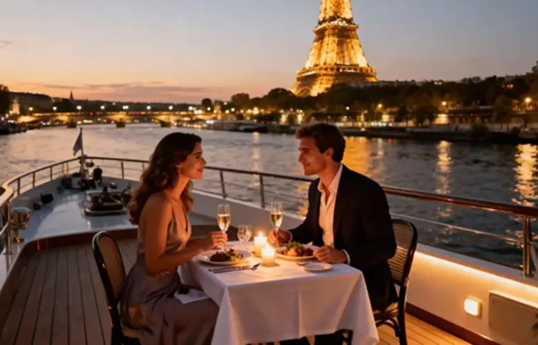 Romantic dinner setting on a Seine River cruise