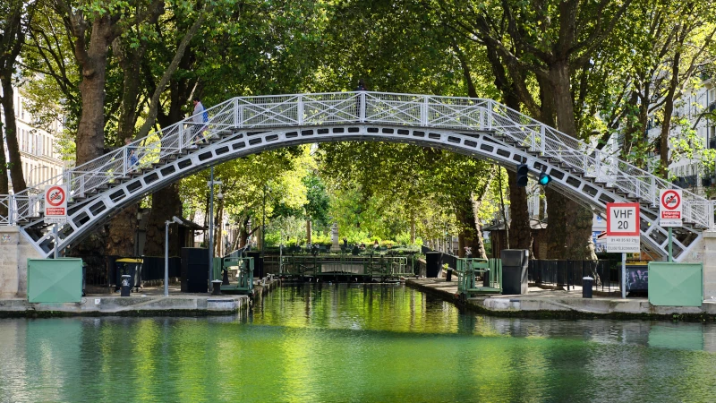 People strolling along the Canal Saint-Martin in Paris.