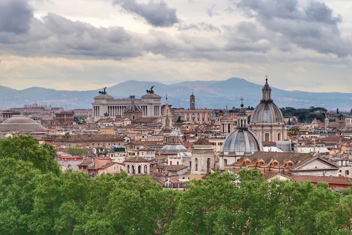 Rooftop view from Castel Sant'Angelo overlooking the city of Rome.