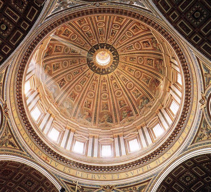Interior of St. Peter's Basilica dome with intricate artwork.