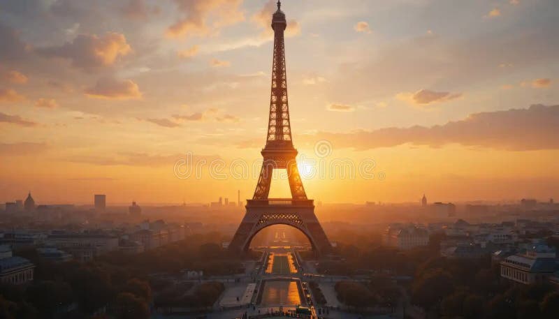 The Eiffel Tower illuminated against a vibrant sunset sky, showcasing its iconic silhouette.