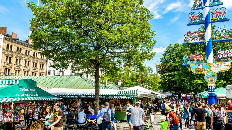 Stalls with various foods at Viktualienmarkt in Munich