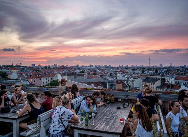Klunkerkranich rooftop bar overlooking Berlin at night