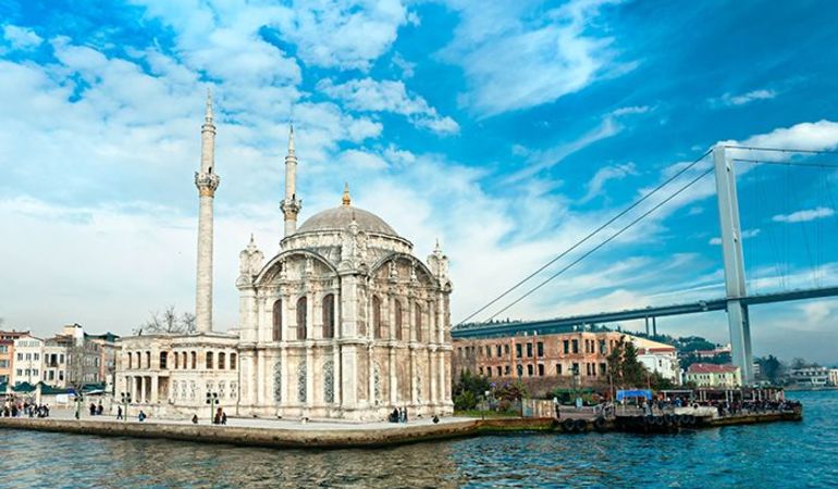 The Ortaköy Mosque framed by the Bosphorus Bridge at sunset