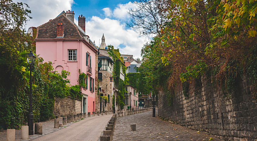 Cobblestone streets in the Montmartre district of Paris.