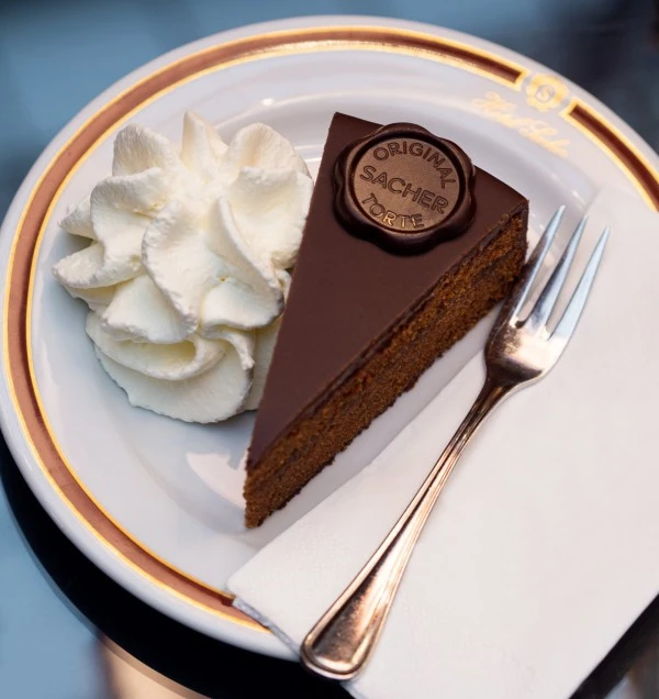A slice of Sachertorte at Hotel Sacher in Vienna