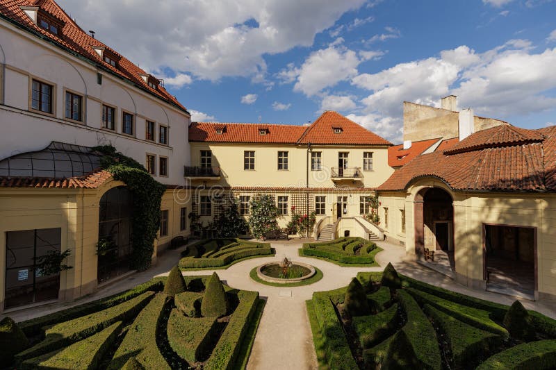 A hidden courtyard with colorful buildings in the Lesser Town of Prague
