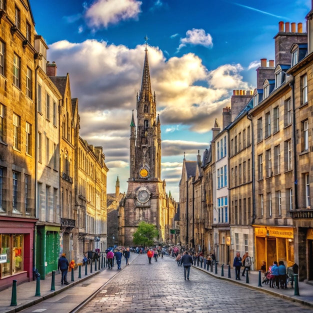 Bustling street scene on the Royal Mile in Edinburgh