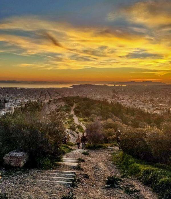 Sunset view from Philopappos Hill overlooking Athens.