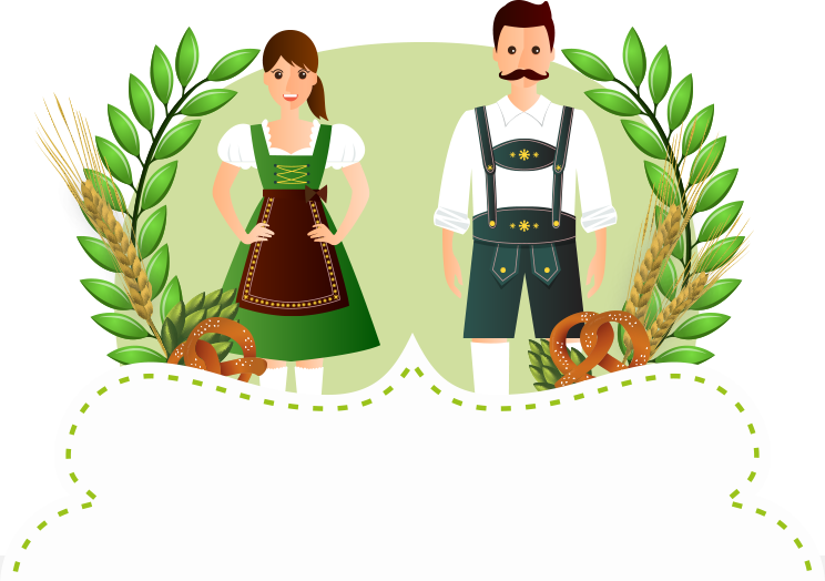 Men and women wearing traditional Bavarian Lederhosen and Dirndl