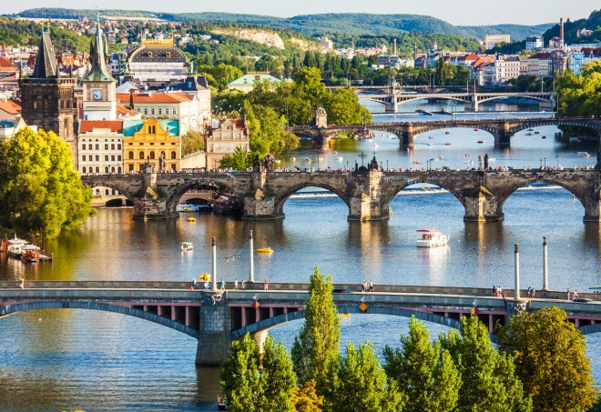View of Charles Bridge from the Vltava River during a Prague river cruise