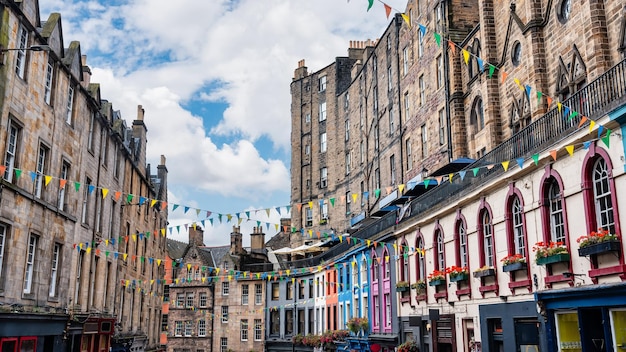 Colorful shops lining Victoria Street in Edinburgh