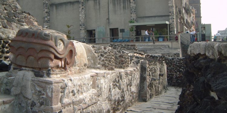 Ancient Aztec ruins of the Templo Mayor, showcasing the historical depth of Mexico City.