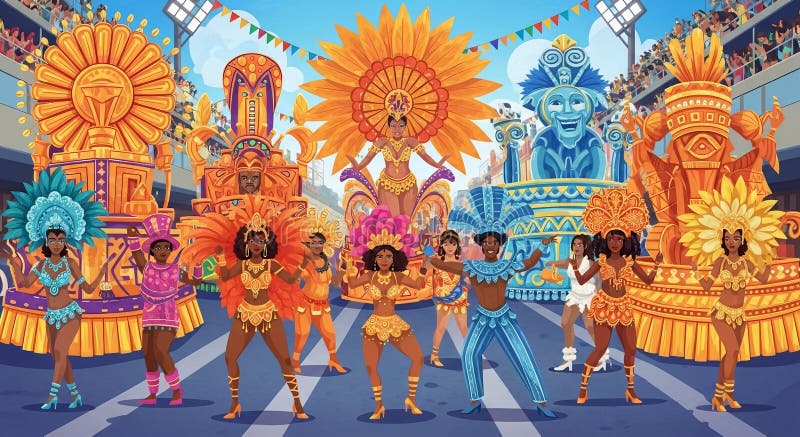 Dancers in elaborate costumes performing during a dazzling Rio Carnival parade