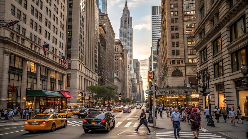 A quintessential New York City street scene featuring multiple yellow taxi cabs in motion