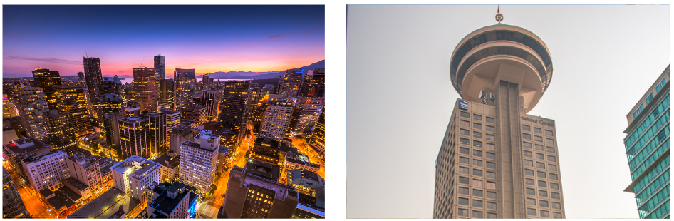 Expansive panoramic view of Vancouver's city skyline and harbor from the Vancouver Lookout observation deck.