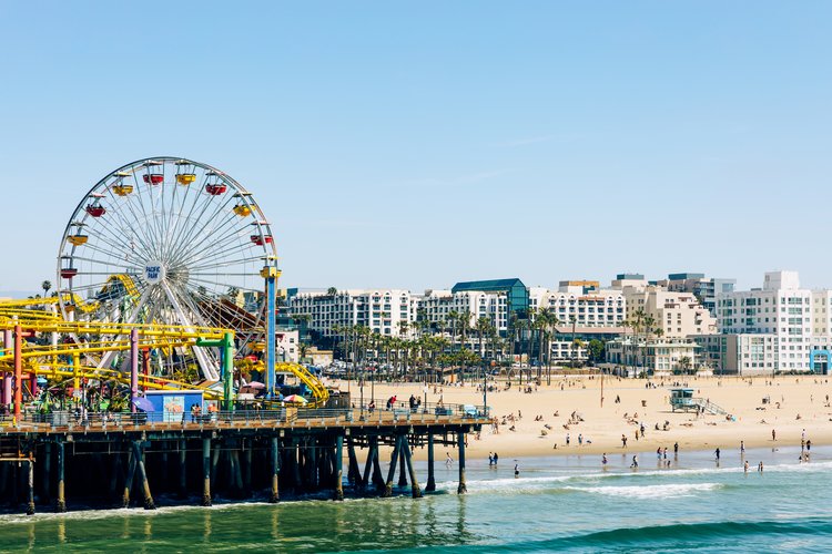 The iconic Santa Monica Pier with its Ferris wheel overlooking the ocean.