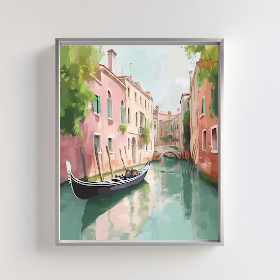 A traditional gondola glides along a picturesque canal in Venice, flanked by charming, colorful buildings.