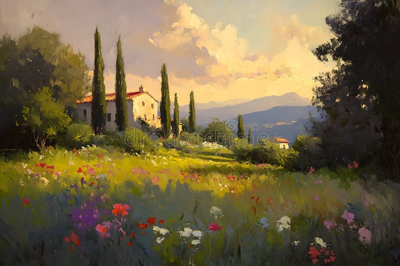 Rolling Tuscan hills dotted with cypress trees under a clear spring sky.